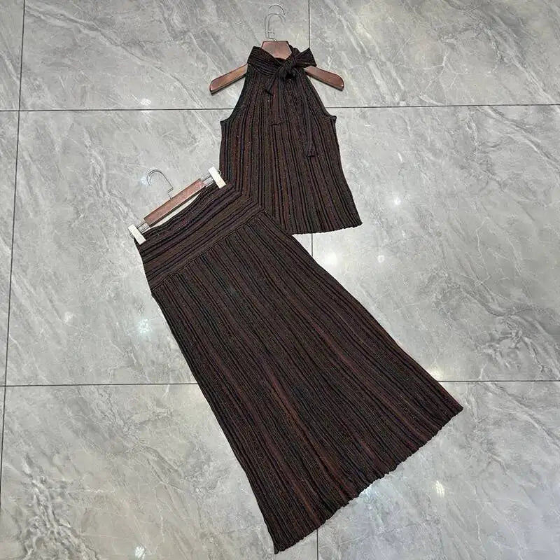 LAYAR – Ensemble tricoté de luxe 2 pièces, haut sans manches à col licou et jupe longue rayée