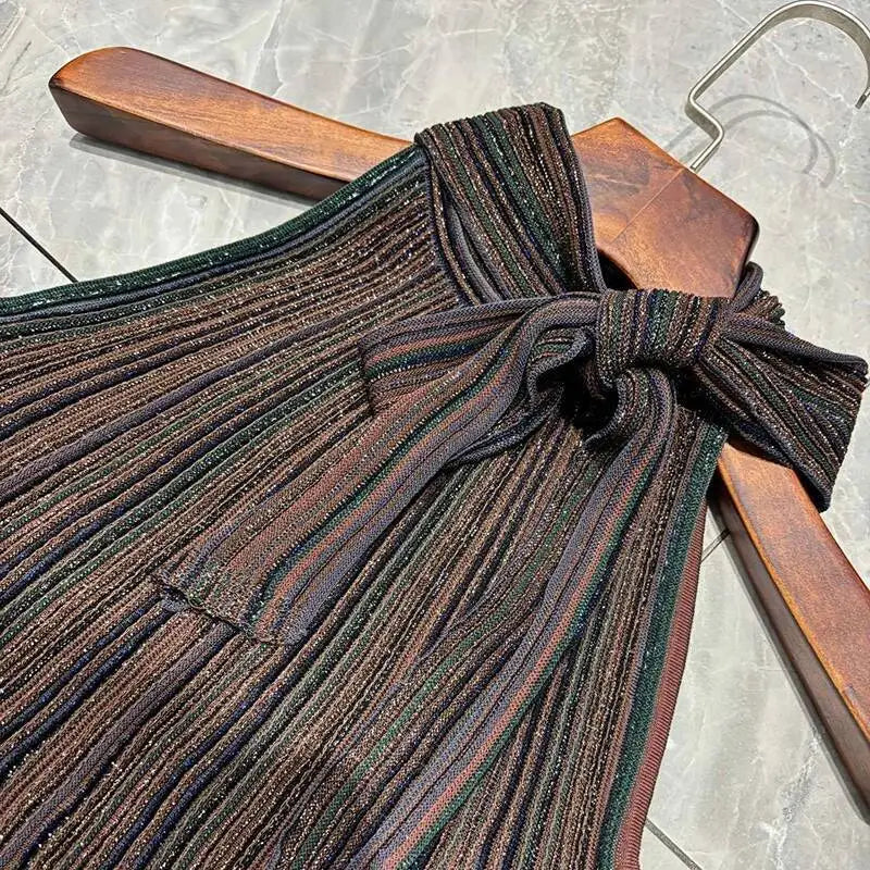 LAYAR – Ensemble tricoté de luxe 2 pièces, haut sans manches à col licou et jupe longue rayée