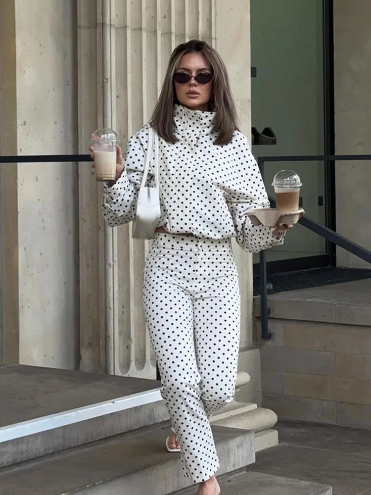 HH femme automne manches longues col roulé fermeture éclair avec poches cordon manteaux décontractés femmes mode à pois imprimé veste