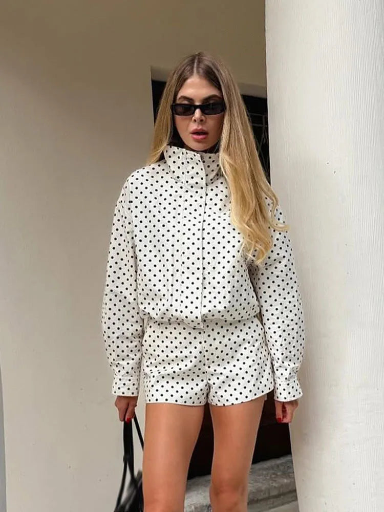 HH femme automne manches longues col roulé fermeture éclair avec poches cordon manteaux décontractés femmes mode à pois imprimé veste