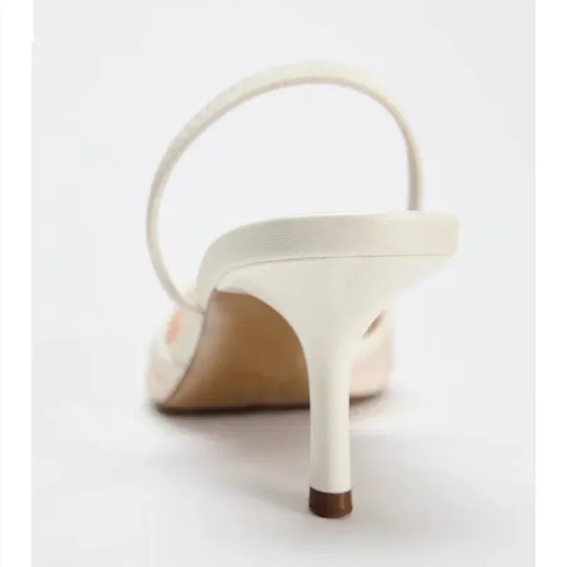 Élégant maille brodée fleurs Designer sandales à talons femmes 2025 été Sexy Slingback bout pointu mince talons hauts robe chaussure