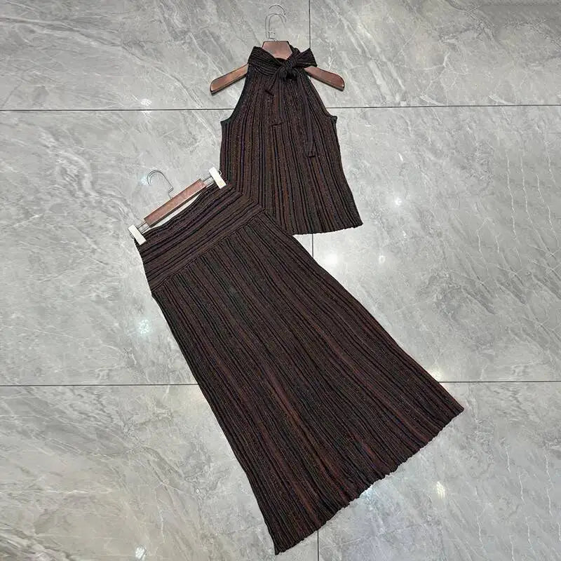 LAYAR – Ensemble tricoté de luxe 2 pièces, haut sans manches à col licou et jupe longue rayée