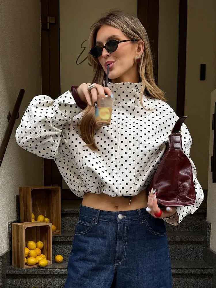 HH femme automne manches longues col roulé fermeture éclair avec poches cordon manteaux décontractés femmes mode à pois imprimé veste