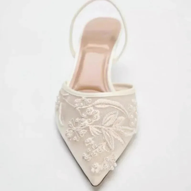 Élégant maille brodée fleurs Designer sandales à talons femmes 2025 été Sexy Slingback bout pointu mince talons hauts robe chaussure