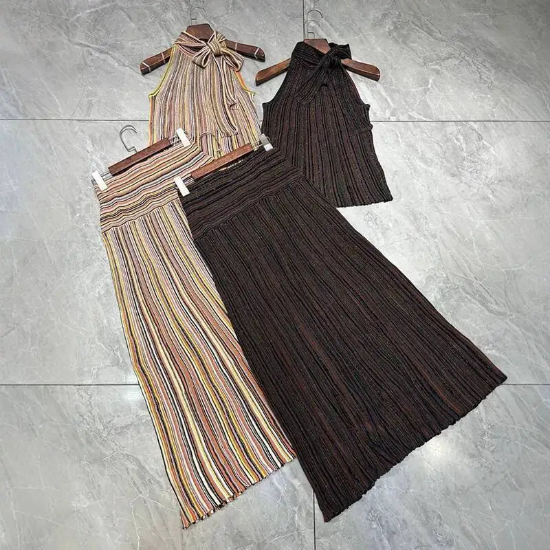 LAYAR – Ensemble tricoté de luxe 2 pièces, haut sans manches à col licou et jupe longue rayée