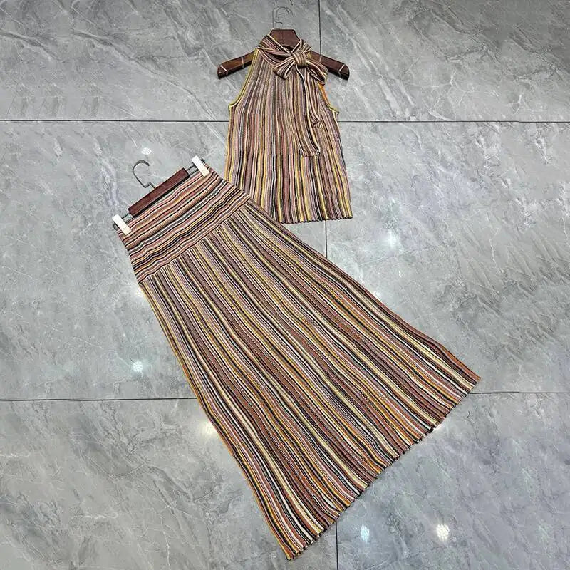 LAYAR – Ensemble tricoté de luxe 2 pièces, haut sans manches à col licou et jupe longue rayée