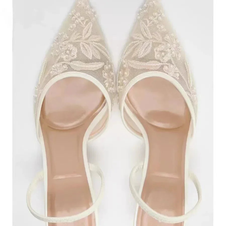 Élégant maille brodée fleurs Designer sandales à talons femmes 2025 été Sexy Slingback bout pointu mince talons hauts robe chaussure