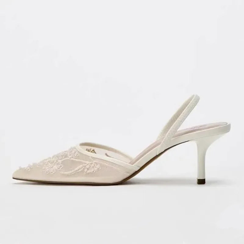 Élégant maille brodée fleurs Designer sandales à talons femmes 2025 été Sexy Slingback bout pointu mince talons hauts robe chaussure