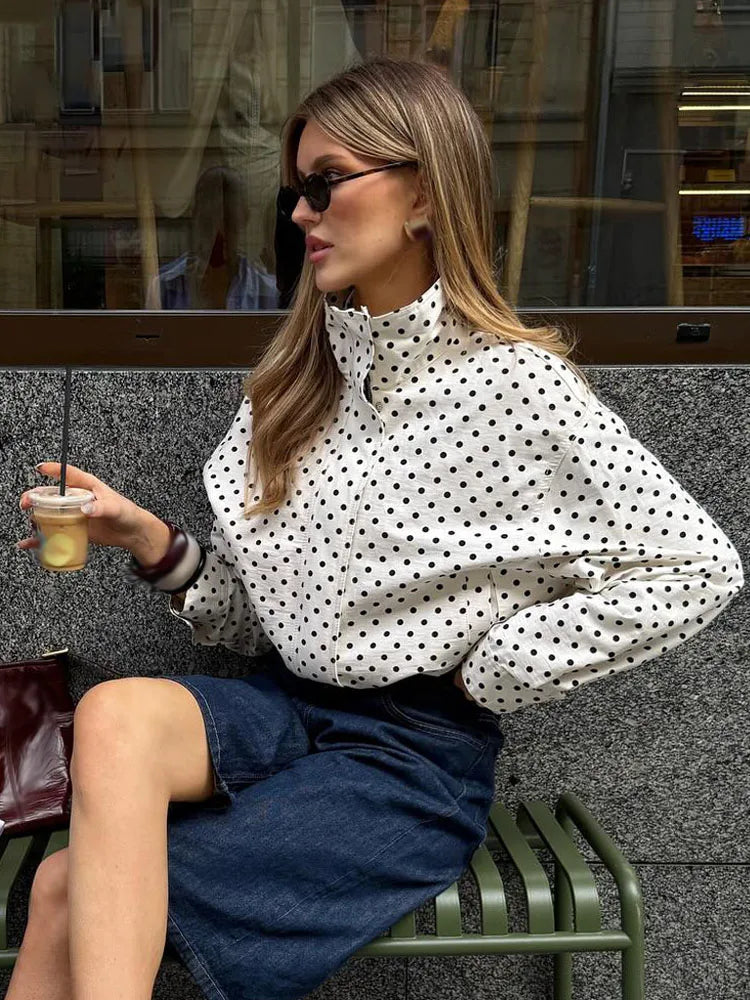 HH femme automne manches longues col roulé fermeture éclair avec poches cordon manteaux décontractés femmes mode à pois imprimé veste